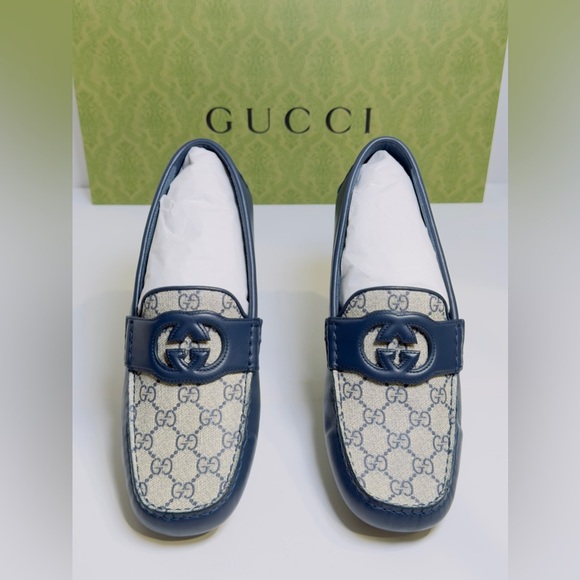 Gucci Interlocking G Driver Loafers Blue Classic Double G Canvas Size 10.5 NEW! - Picture 14 of 16